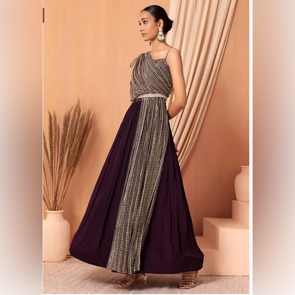 House of Indya Dark Purple one shoulder Anarkali Gown with belt